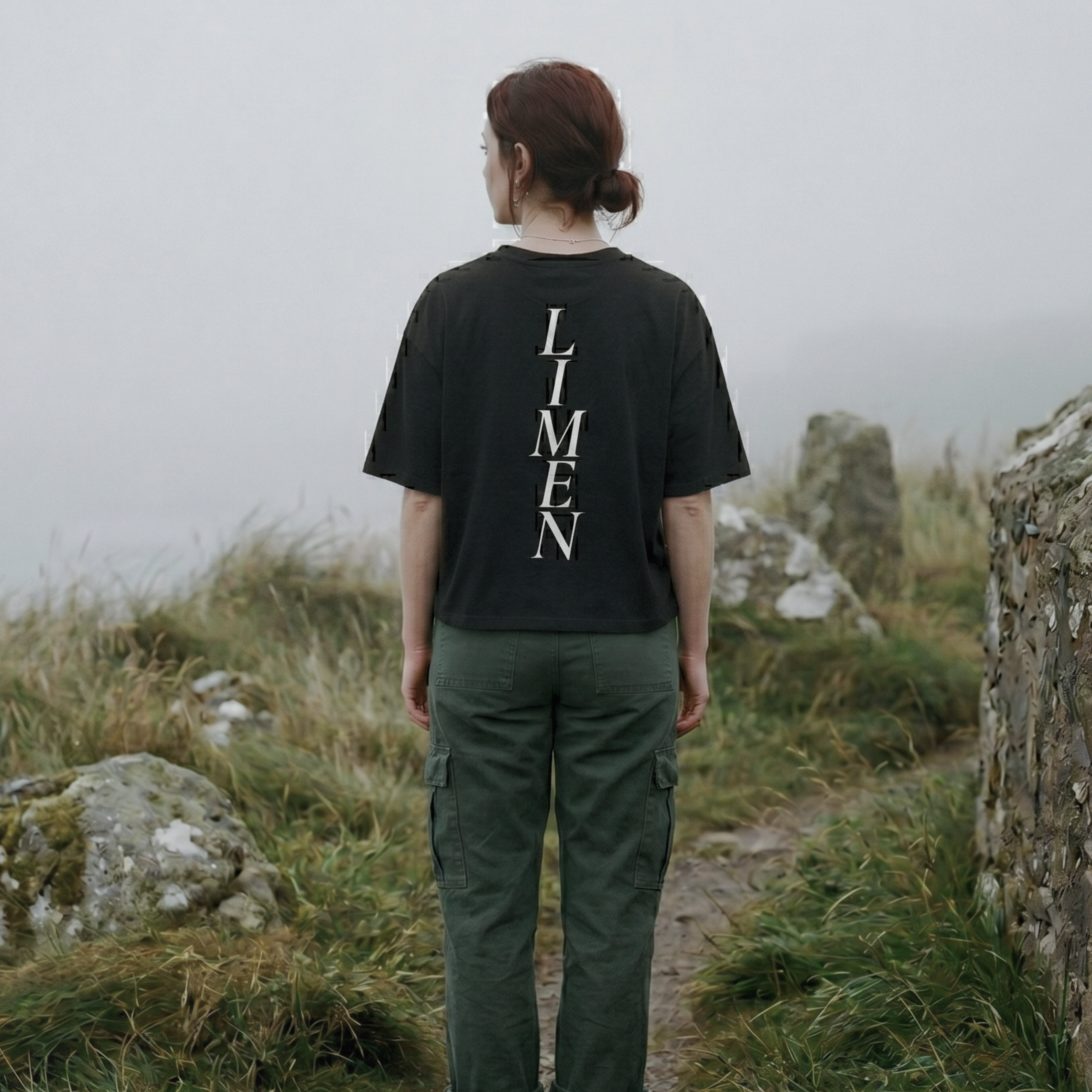 alt millennial woman facing with her back to camera wearing distressed black boxy tee with word LIMEN vertically down the center of the tee