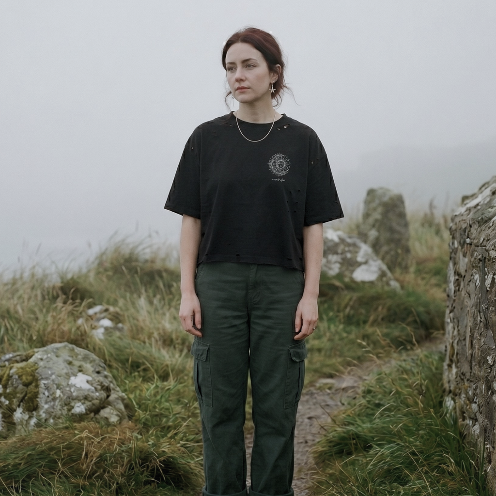 alt millennial woman wearing distressed black boxy tee with sun and moon design small on left chest with small brand word mark: ever & after