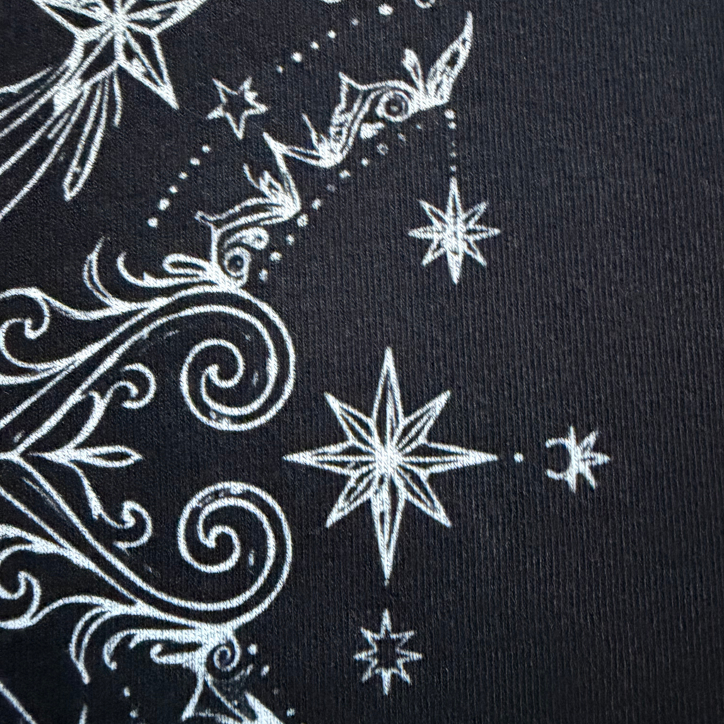 White star and floral patterns on a black background
