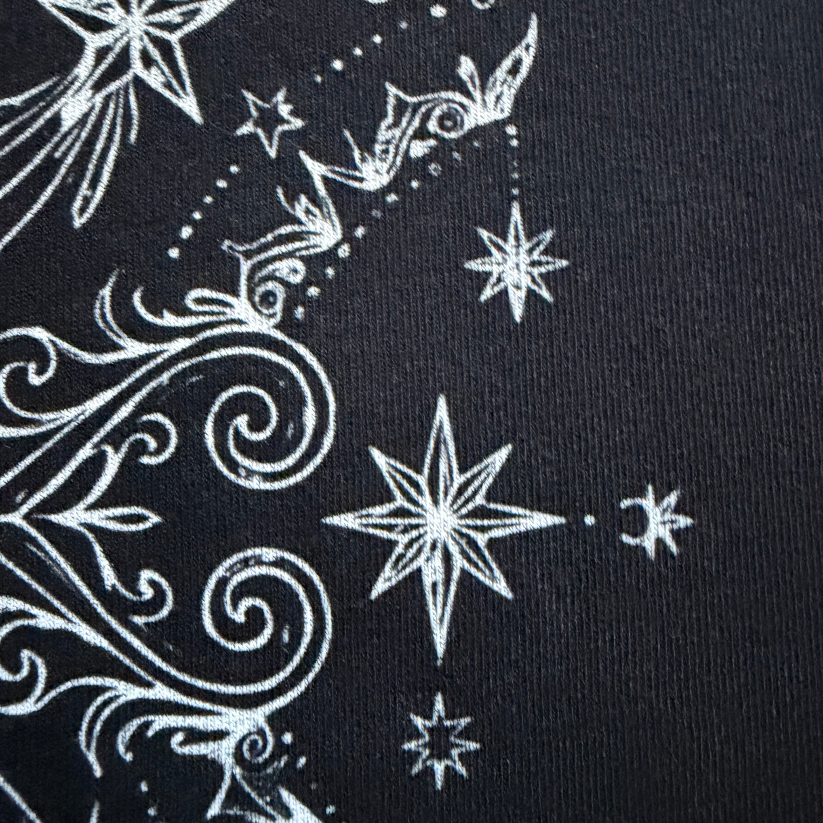 White star and floral patterns on a black background