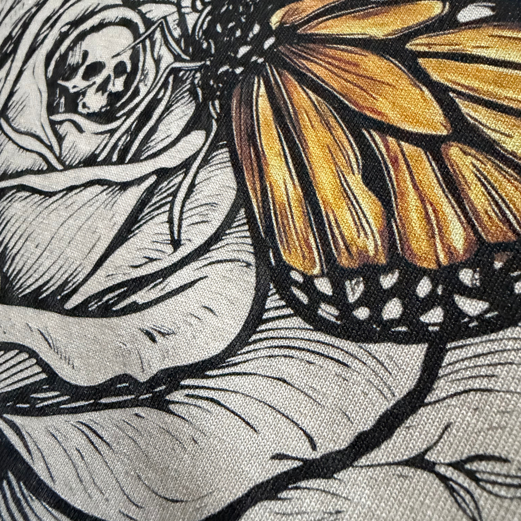 close up detail of rose and butterfly graphic design