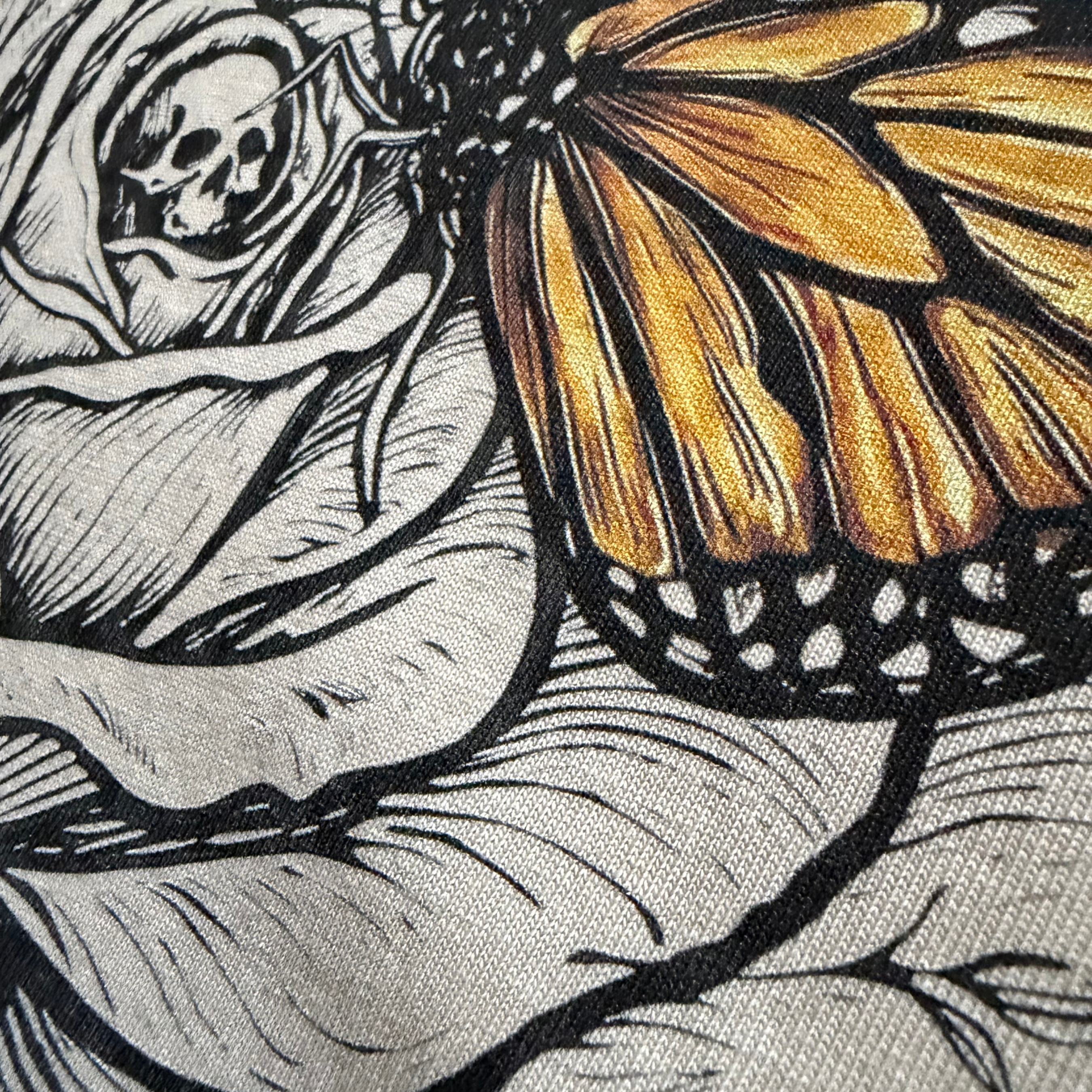 close up detail of rose and butterfly graphic design