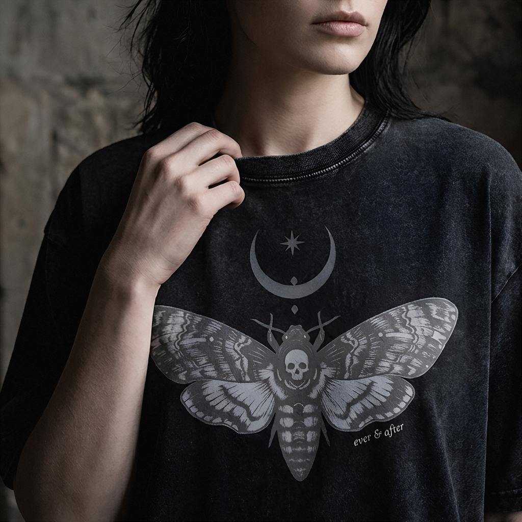 A close-up of a person wearing a dark charcoal gray t-shirt with a detailed graphic of a moth, a skull, and a crescent moon on the front, with the text 'ever & after' near the bottom right of the graphic.