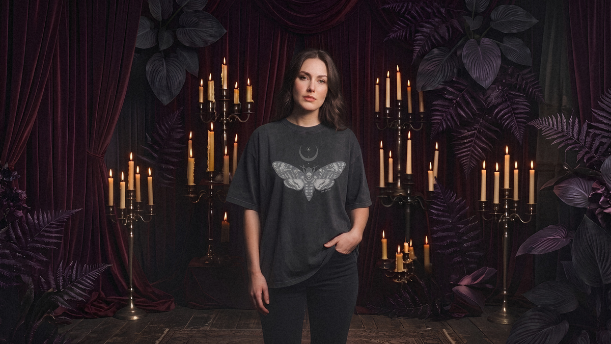 A woman stands in a dark, gothic-themed room wearing a black t-shirt with a white moth graphic and black pants. The background features deep burgundy curtains, lit candelabras, and large dark purple leaves.