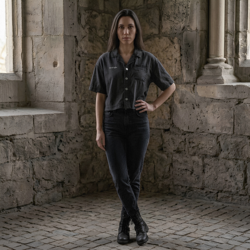 A woman stands in a stone interior wearing a dark charcoal short-sleeve button-front shirt, black jeans, and black lace-up boots.