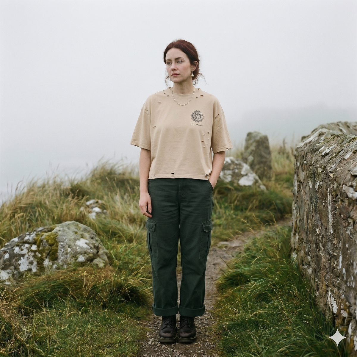 Person standing on a grassy path with rocks and a cloudy sky