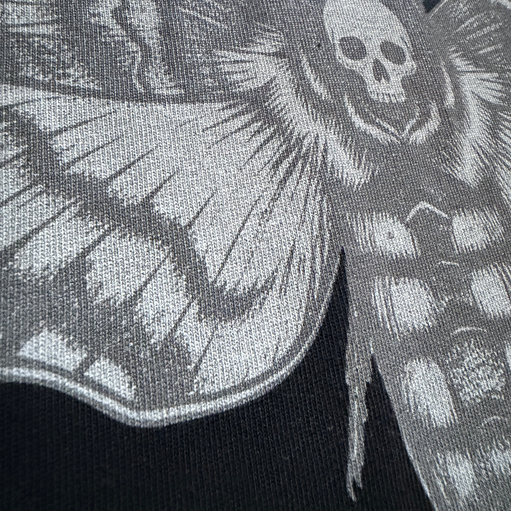 Close-up of a black and gray patterned fabric with a skull design.