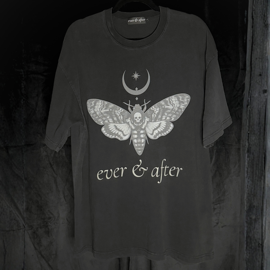 Black t-shirt with a moth design and 'ever & after' text on a dark background
