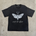 Black t-shirt with a white moth design and 'ever & after' text on a concrete surface