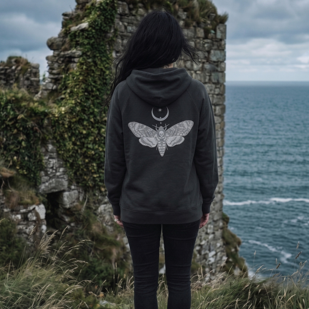 Person wearing a hoodie with a moth design by a stone structure and ocean.