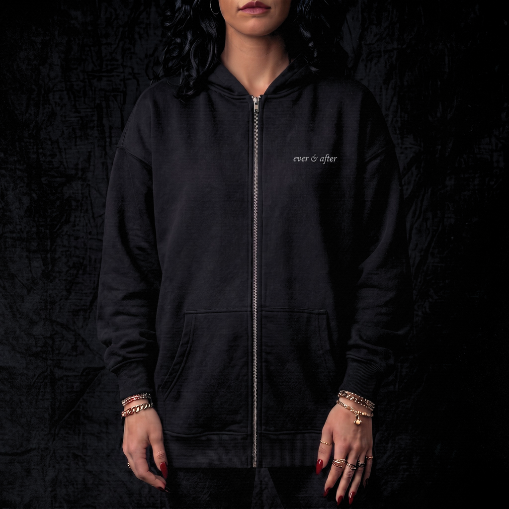 Person wearing a black hoodie with 'ever & after' branding on a dark background
