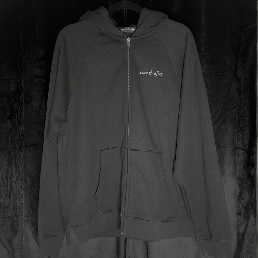 Dark gray hoodie with 'ever & after' logo on a textured black background
