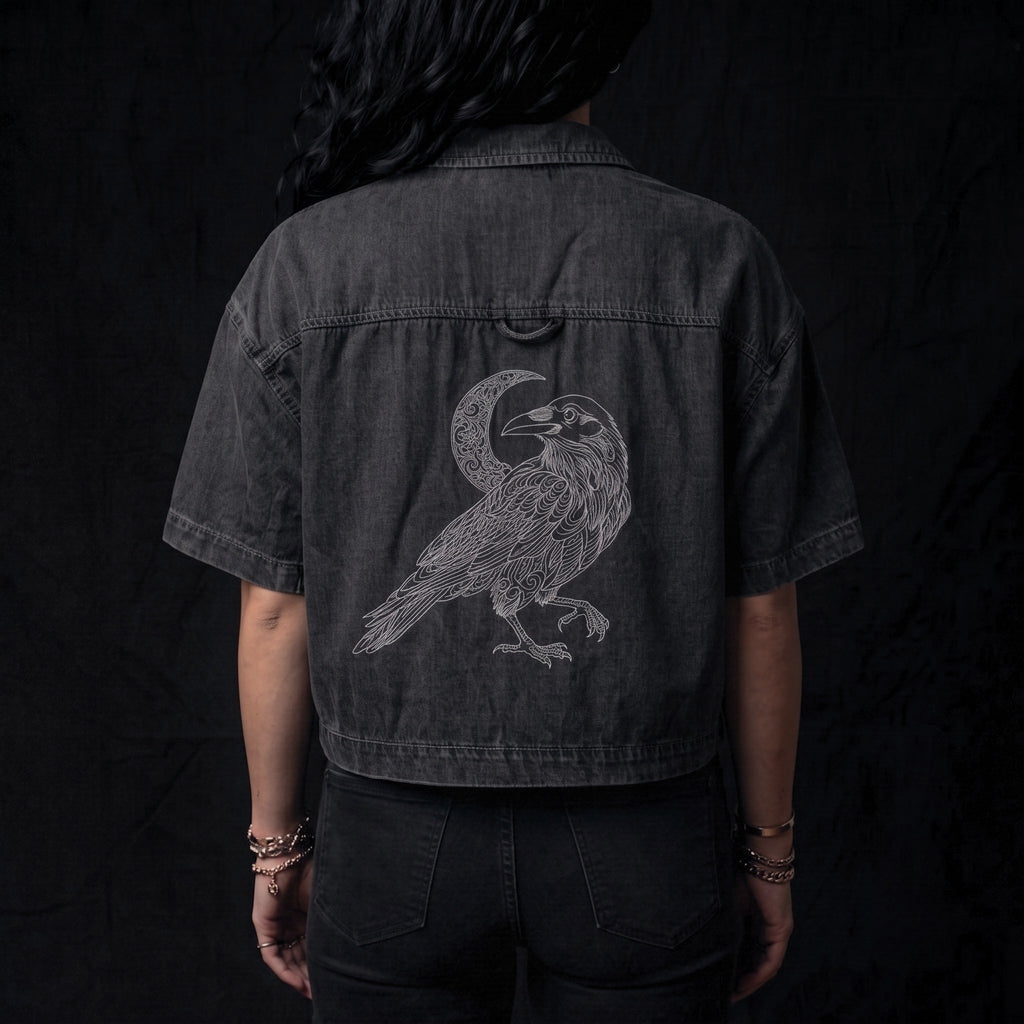 Person wearing a dark denim shirt with a bird design on the back against a black background