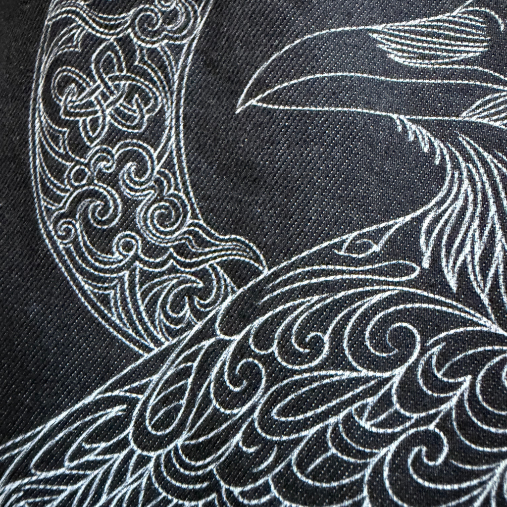 Close-up of black fabric with white embroidered patterns