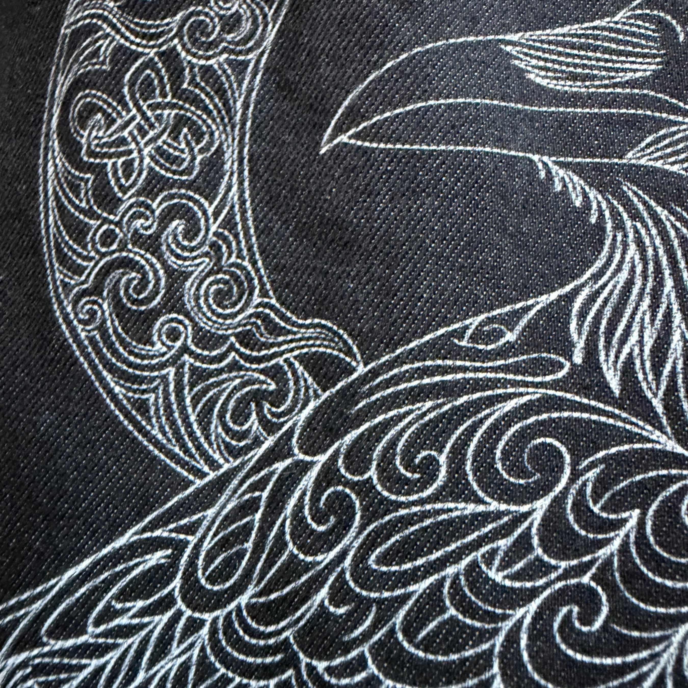 Close-up of black fabric with white embroidered patterns