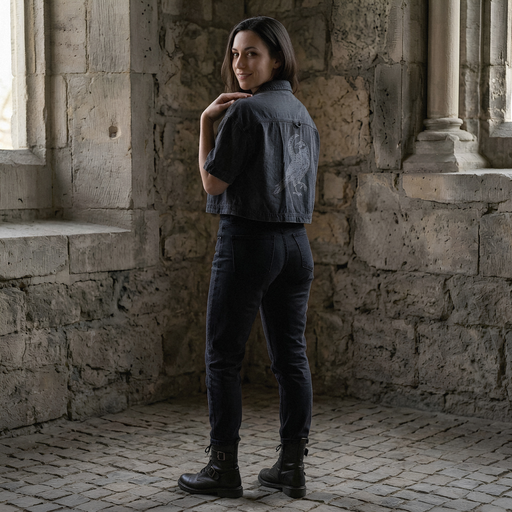 A woman stands in a stone interior wearing a dark cropped denim jacket, dark jeans, and black boots, photographed from the back.